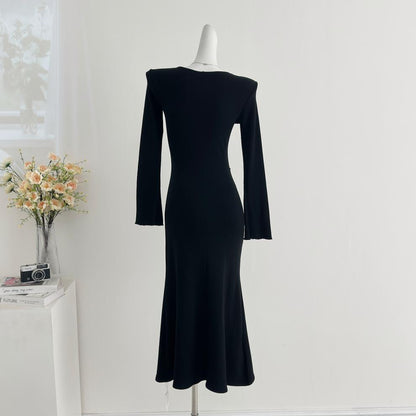 名媛風深V拼接長袖魚尾洋裝E1030