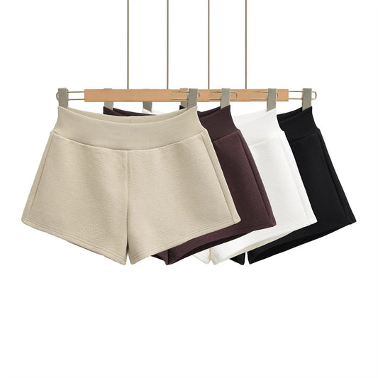 復古純色鬆緊腰加厚休閒短褲(黑色)