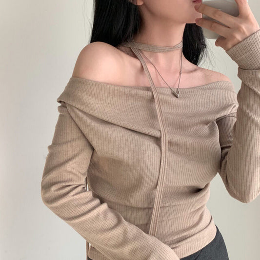 法式慵懶・一字領翻摺羅紋針織上衣(杏色) LS2002