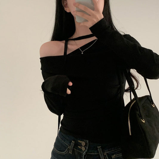 法式慵懶・一字領翻摺羅紋針織上衣(黑色) LS2002