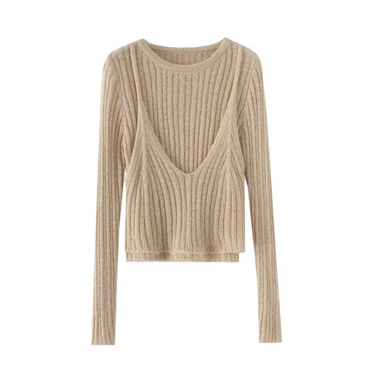 法式復古假兩件純色圓領長袖針織衫(卡其)KN1003