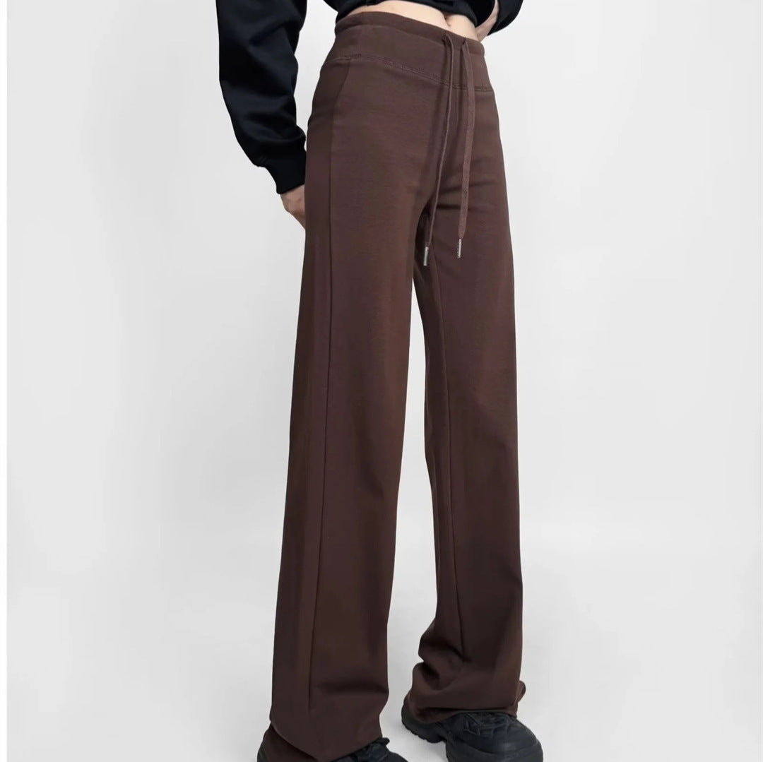 簡約純色鬆緊直筒拖地長褲(加厚款)深咖