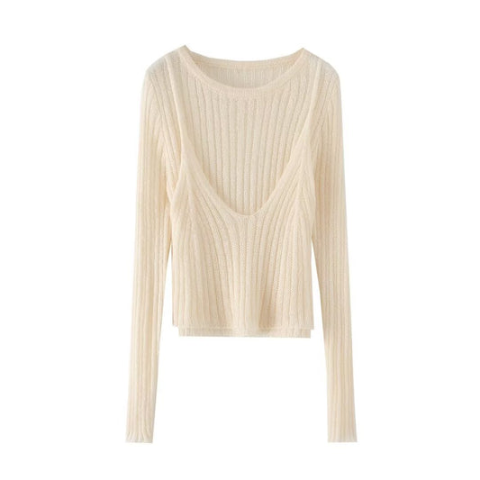 法式復古假兩件純色圓領長袖針織衫(杏)KN1003