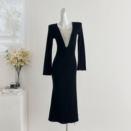 名媛風深V拼接長袖魚尾洋裝E1030