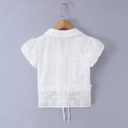 法式優雅鏤空刺繡心型繫帶襯衫 SS2016