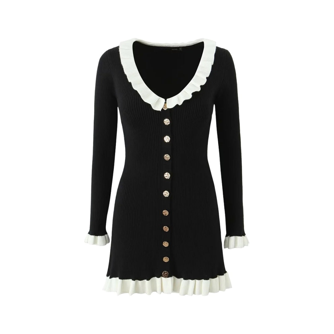 法式復古小香風荷葉領長袖針織洋裝2色K1019