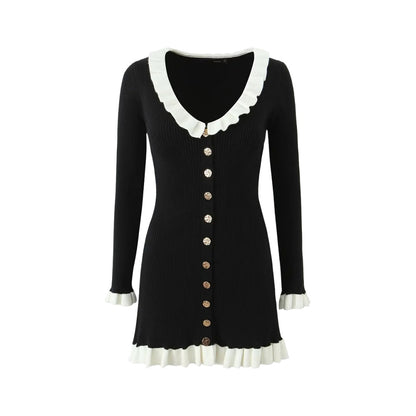 法式復古小香風荷葉領長袖針織洋裝2色K1019