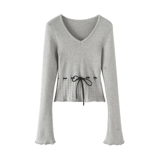 V字領抽繩收腰喇叭袖針織衫(灰)KN1004