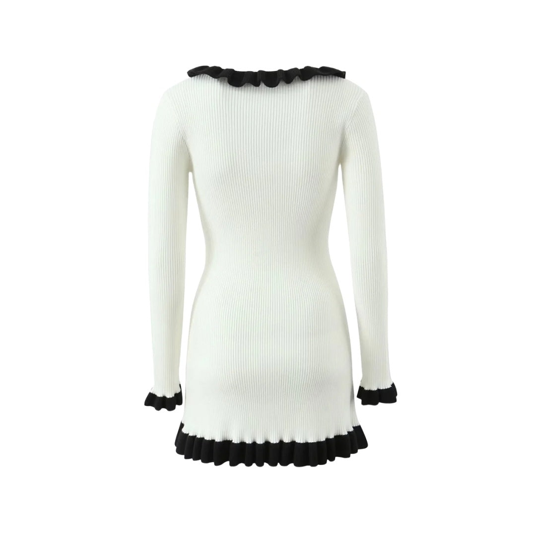 法式復古小香風荷葉領長袖針織洋裝2色K1019