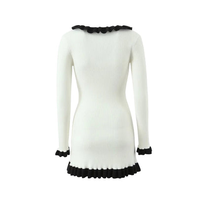 法式復古小香風荷葉領長袖針織洋裝2色K1019