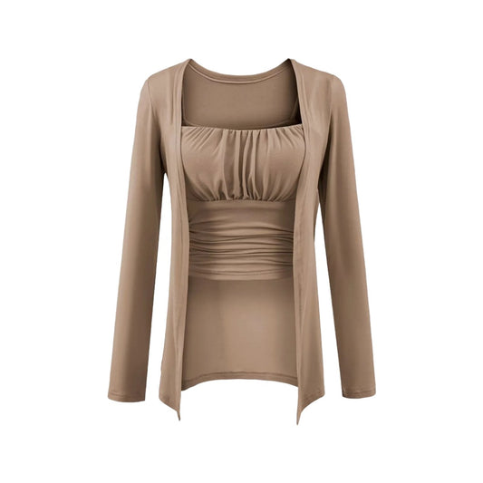 外搭長袖修身吊帶背心兩件式套裝(咖)