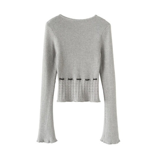 V字領抽繩收腰喇叭袖針織衫(灰)KN1004