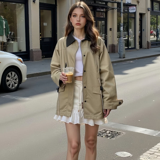 復古翻領拼色皮領風衣外套C1007