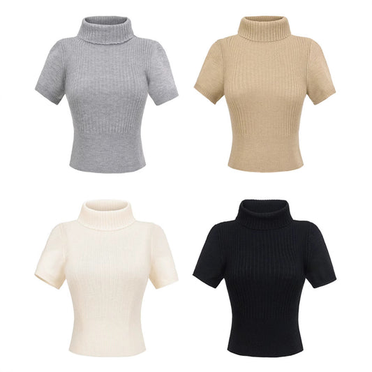 歐美風高領短袖修身針織衫(卡其色)