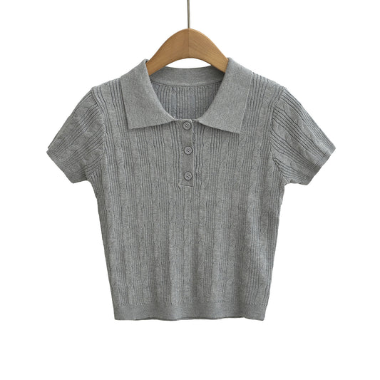 法式氣質翻麻花針織短袖POLO衫(灰)