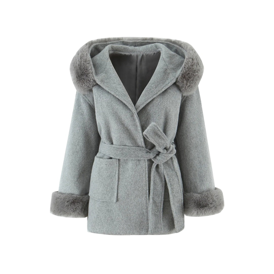 斗篷式收腰綁帶連帽大衣外套WA1003