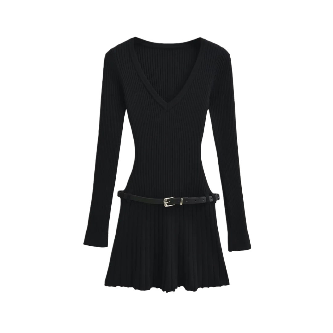 深V領復古長袖洋裝(黑)KN1015
