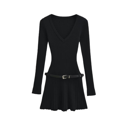 深V領復古長袖洋裝(黑)KN1015