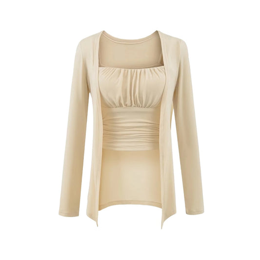 外搭長袖修身吊帶背心兩件式套裝(杏)