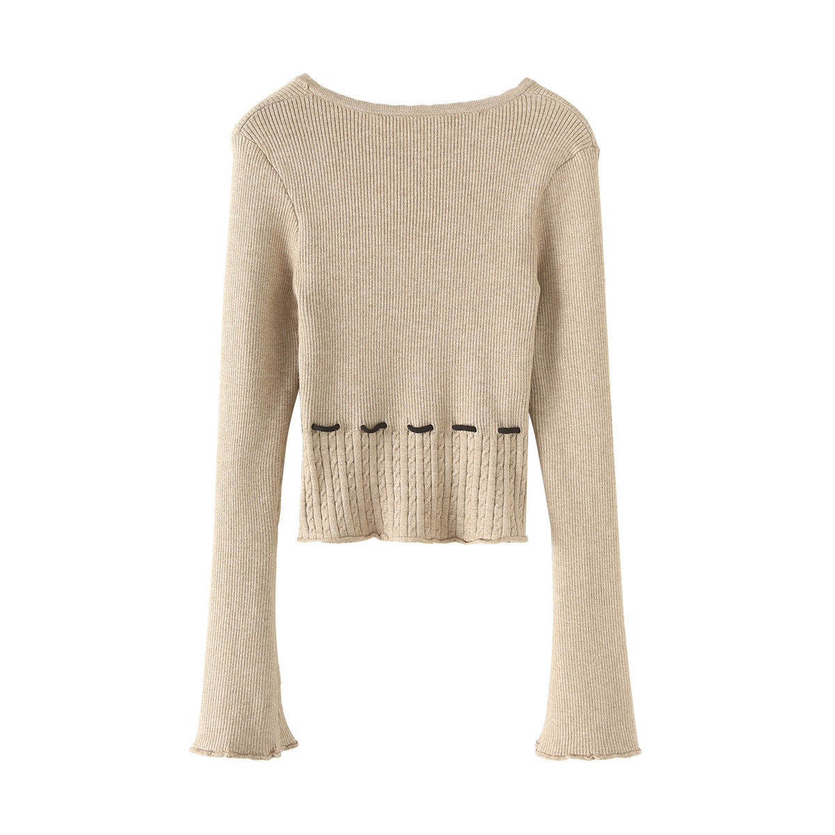 V字領抽繩收腰喇叭袖針織衫(卡其)KN1004