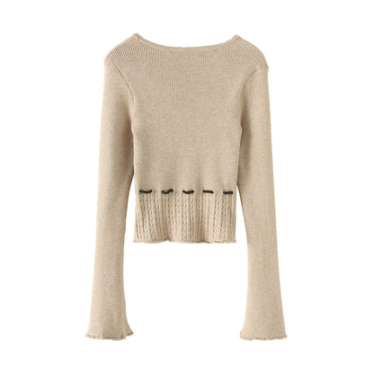 V字領抽繩收腰喇叭袖針織衫(卡其)KN1004