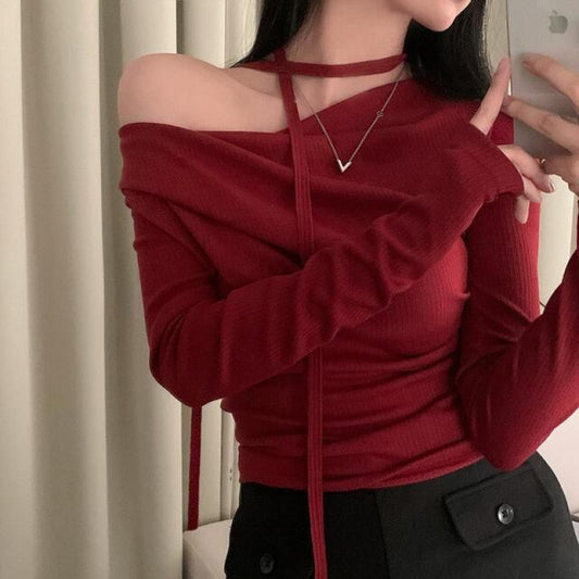 法式慵懶・一字領翻摺羅紋針織上衣(酒紅色) LS2002