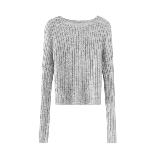 法式復古假兩件純色圓領長袖針織衫(灰)KN1003