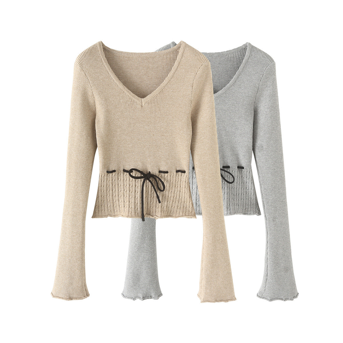 V字領抽繩收腰喇叭袖針織衫(卡其)KN1004