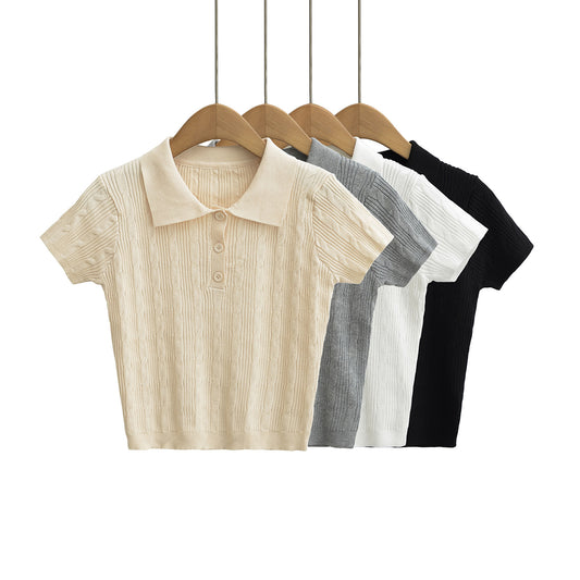 法式氣質翻麻花針織短袖POLO衫(杏)