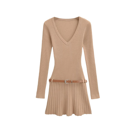 深V領復古長袖洋裝(卡其)KN1015