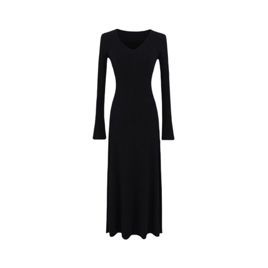 純色V領修身針織喇叭袖洋裝(黑)K1040