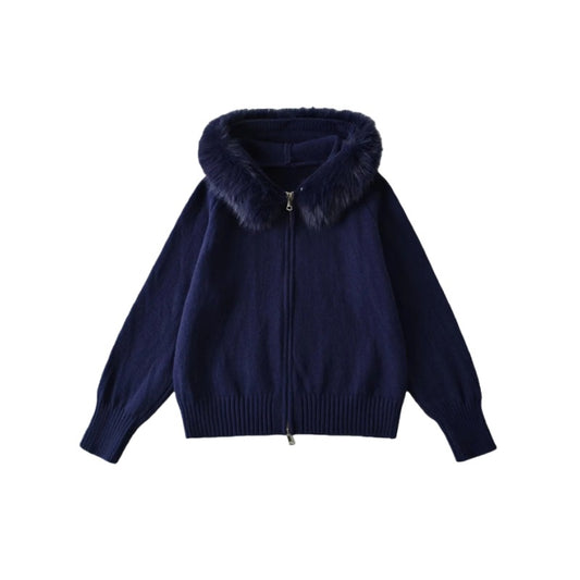 復古毛毛連帽拉鍊長袖針織外套(藏青)LI1006
