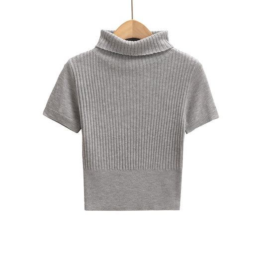 歐美風高領短袖修身針織衫(深灰)