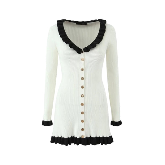 法式復古小香風荷葉領長袖針織洋裝2色K1019