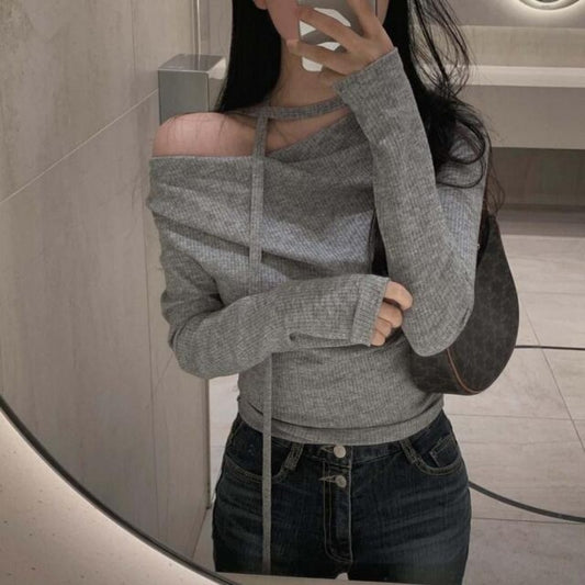 法式慵懶・一字領翻摺羅紋針織上衣(灰色) LS2002