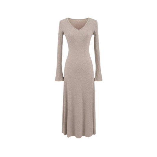 純色V領修身針織喇叭袖洋裝(杏)K1040