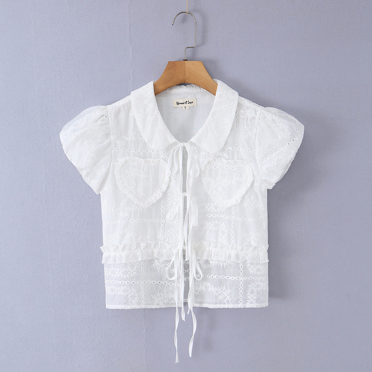 法式優雅鏤空刺繡心型繫帶襯衫 SS2016