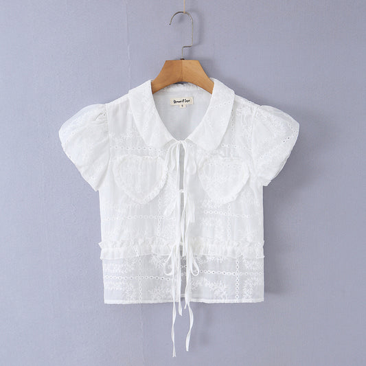 法式優雅鏤空刺繡心型繫帶襯衫 SS2016