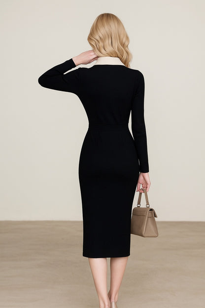 氣質V領黑色針織洋裝K1003