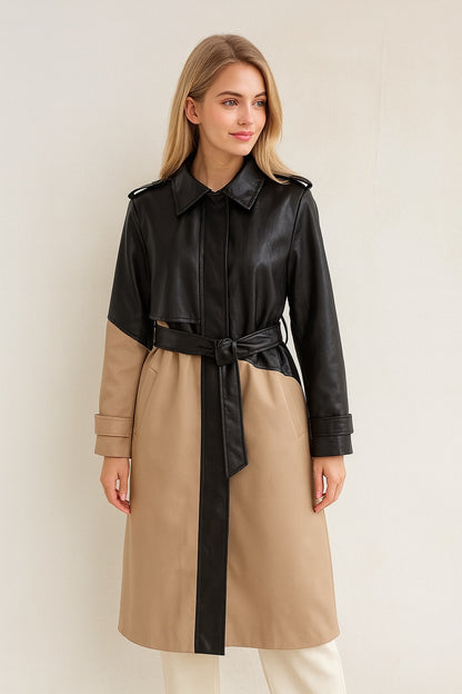 法式復古風皮革撞肩扣設計拼接風衣C1008