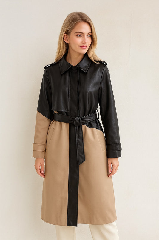 法式復古風皮革撞肩扣設計拼接風衣C1008