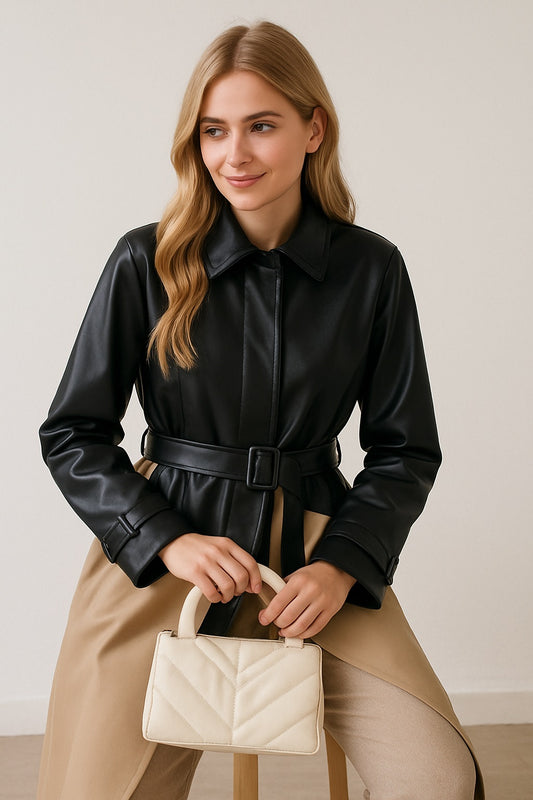 法式復古風皮革撞肩扣設計拼接風衣C1008