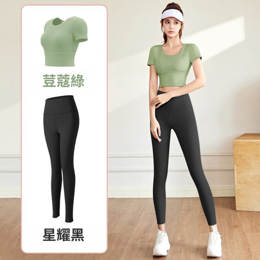 美背裸感帶胸墊瑜珈套裝(荳蔻綠+星耀黑)