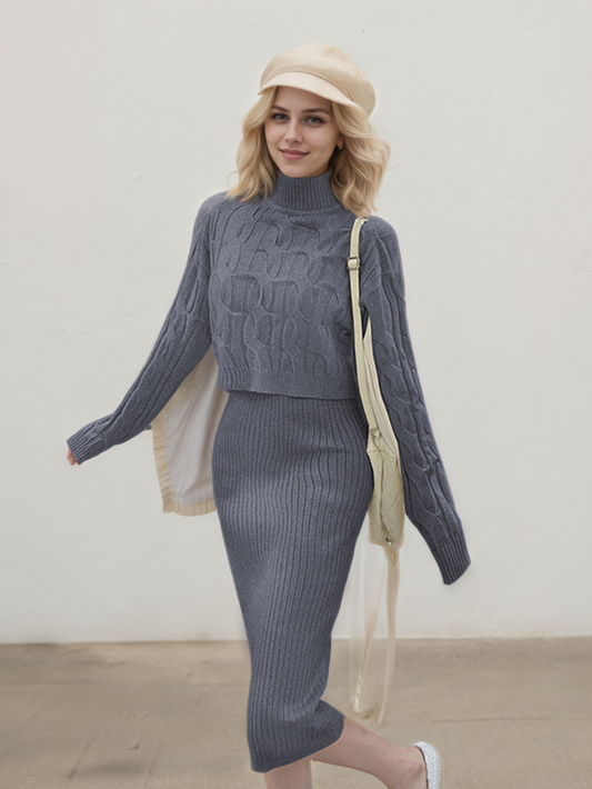 輕奢半高領麻花兩件式針織毛衣套裝(灰色)K1039