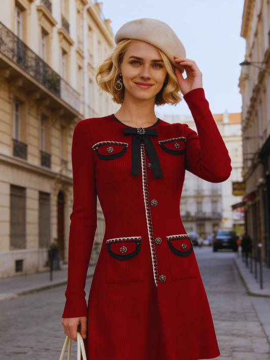 甜美收腰圓領針織洋裝K1048(紅)