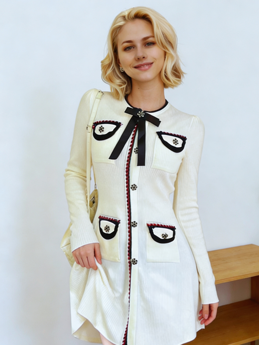 甜美收腰圓領針織洋裝K1048(杏)