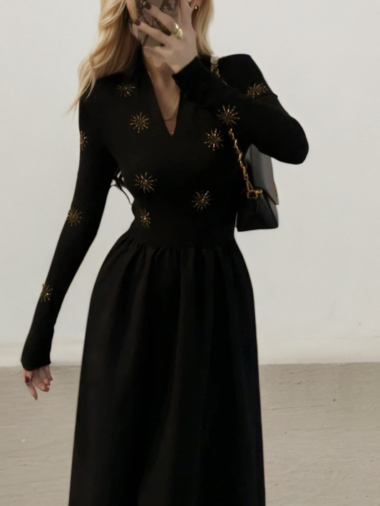 法式新款燙鑽太陽花長袖洋裝E1029