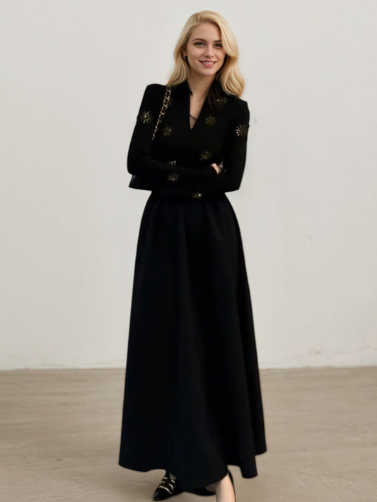 法式新款燙鑽太陽花長袖洋裝E1029