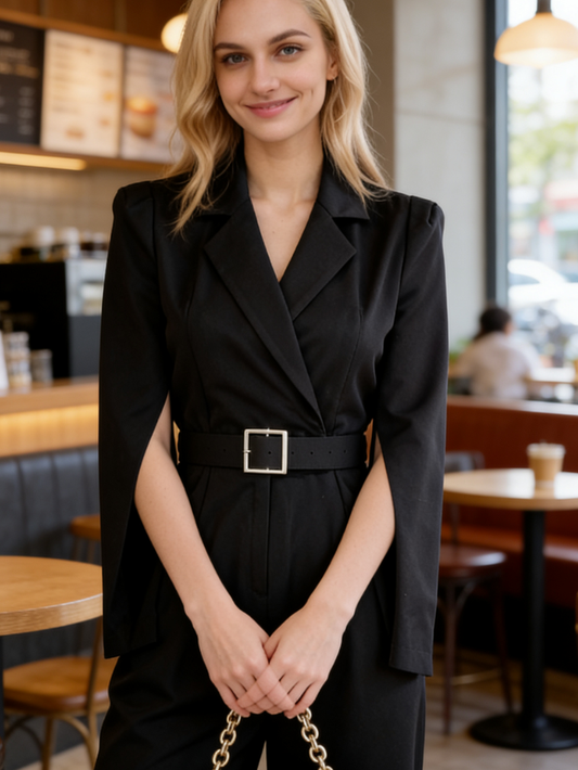 氣質修身西裝領收腰顯瘦連身褲(黑)JU1007