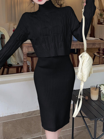 輕奢半高領麻花兩件式針織毛衣套裝(黑色)K1038